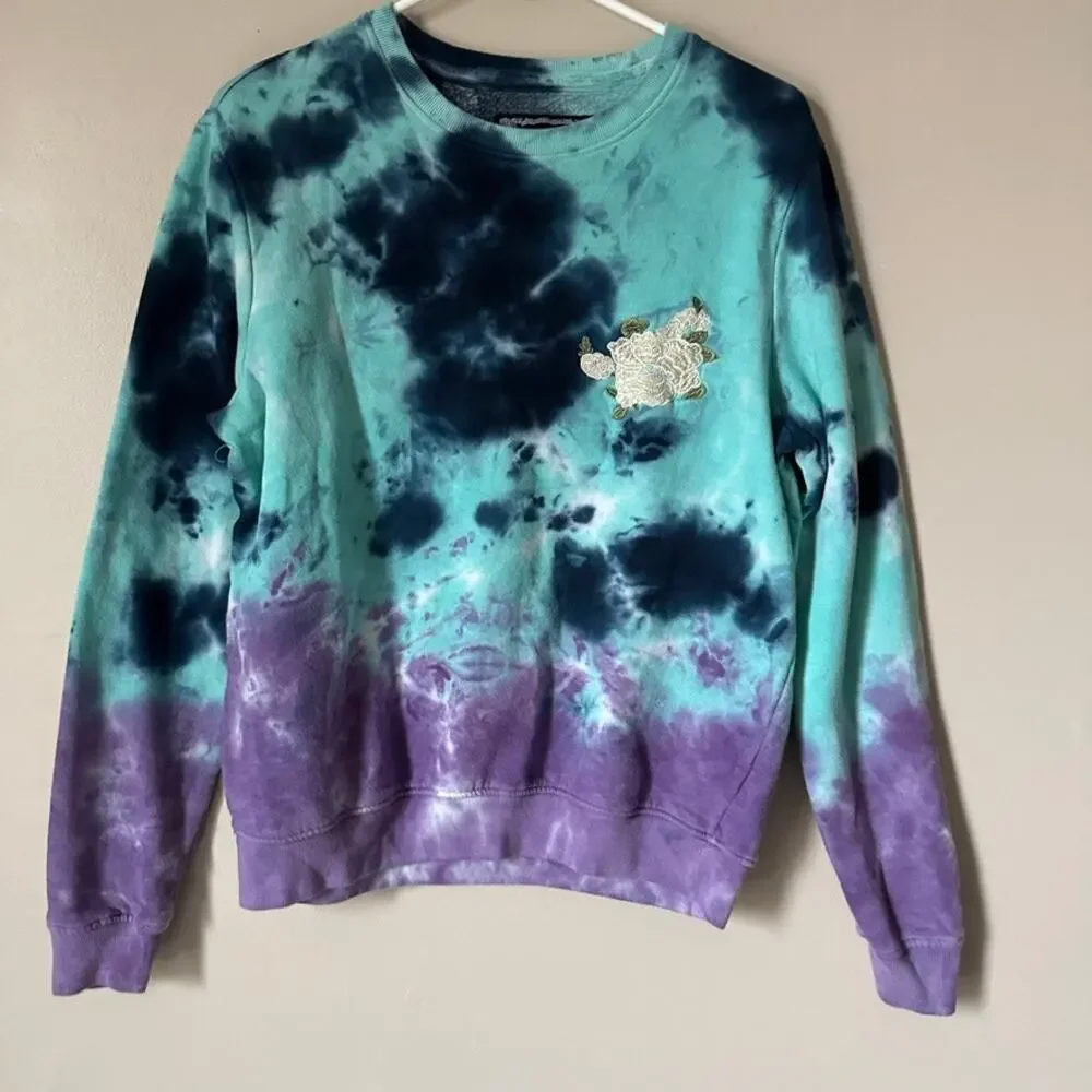 Blind Rooster Sweatshirt Mens SMALL Tie Dye Teal & Purple Crewneck Sakura Tree - Picture 1 of 12
